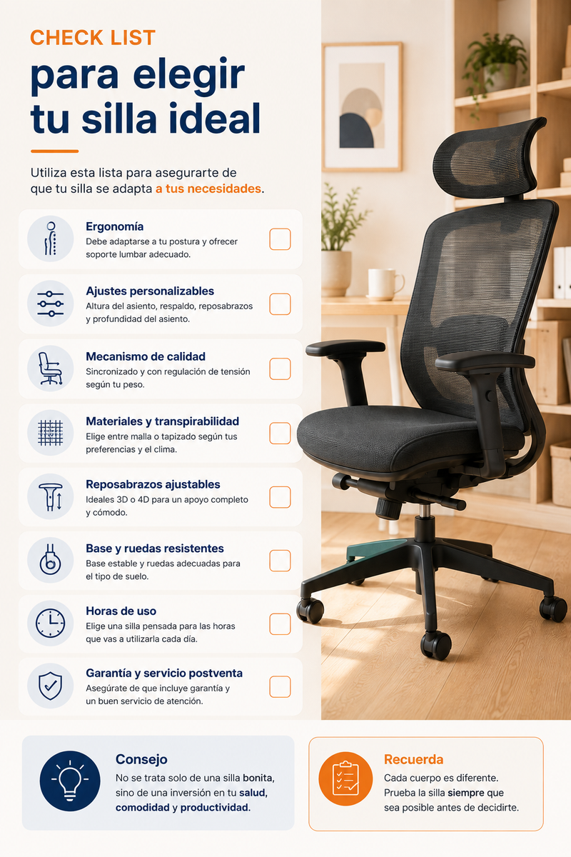 ✔ Checklist: ¿Qué debe tener una buena silla ergonómica?