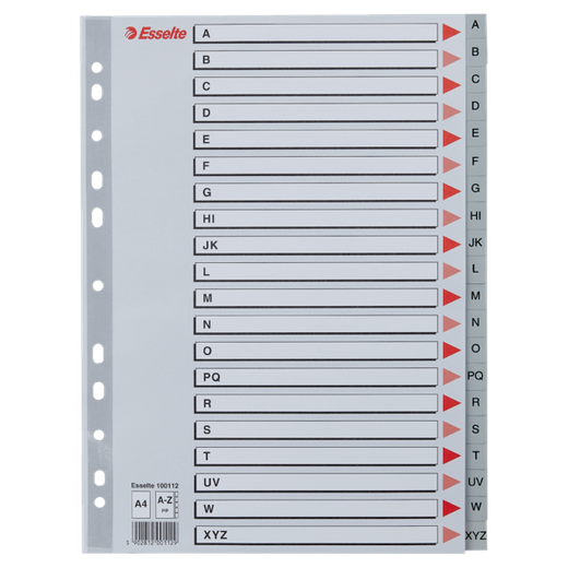 Abecedario multitaladro Esselte. DIN A4. Cartulina índice color. A-Z PP, gris