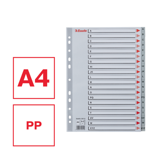 Abecedario multitaladro Esselte. DIN A4. Cartulina índice color. A-Z PP, gris