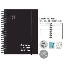 AGENDA ANUAL (2025-26) SENFORT 16 MESES IKI UNICOLOR ESPIRAL tapa PP con GOMA 155x215 S/V NEGRO