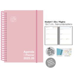 AGENDA ANUAL (2025-26) SENFORT 16 MESES IKI UNICOLOR ESPIRAL tapa PP con GOMA 155x215 S/V PASTEL ROSA