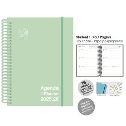 AGENDA ANUAL (2025-26) SENFORT 16 MESES IKI UNICOLOR ESPIRAL tapa PP con GOMA 155x215 S/V PASTEL VERDE