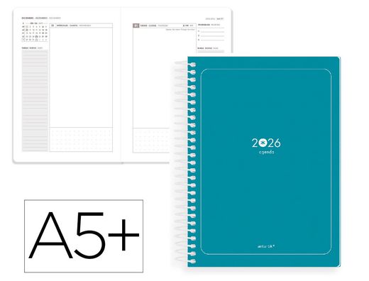 Agenda espiral antartik essentials A5+ 2026 día páginaturquesa papel 80g fsc