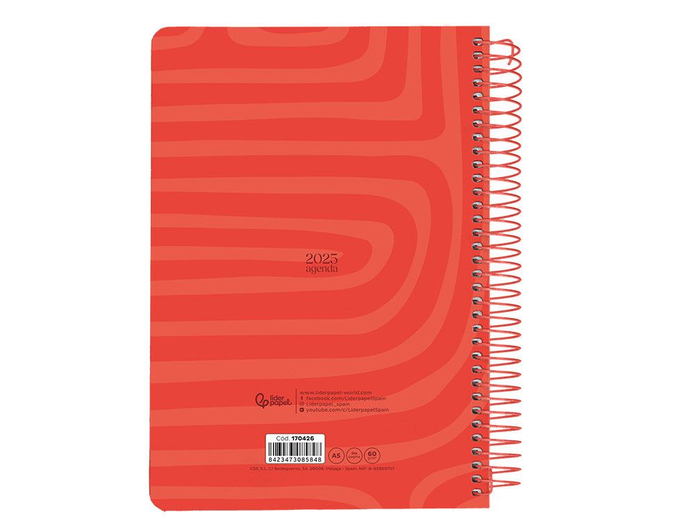 Agenda Scolaire Liderpapel 2025-2026 Spirale Rouge - A5, 2 Jours Par Page, Bilingue, Papier FSC 70g - 12