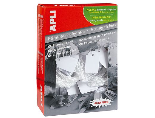 APLI Caja 500 etiquetas colgantes de cartulina blanca 36x53 mm con hilo de gran resistencia 392