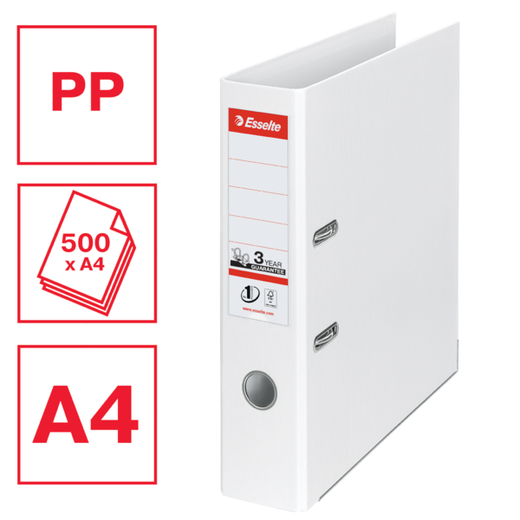Archivador de palanca Esselte Nº1. Plástico forrado interior plástico. DIN A4. Lomo 75mm. blanco