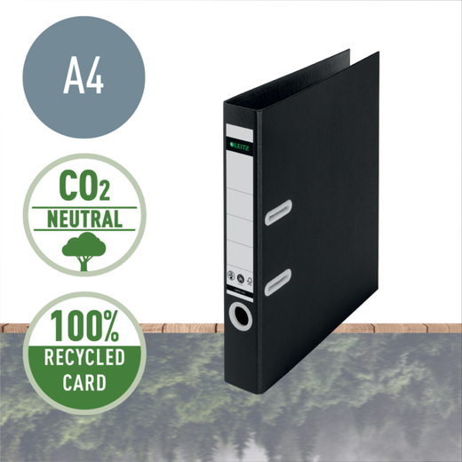 Archivador de palanca Leitz de cartón reciclado y reciclable 100%. 180º. DIN A4. Lomo 50 mm. negro