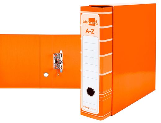 Archivador de Palanca Liderpap El A4 Filing System Forrado Sin Rado Lomo 80Mm Naranja con Caja y Compresor Metalico