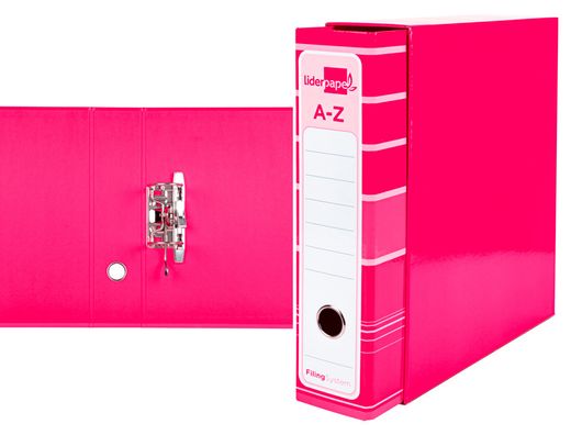 Archivador de Palanca Liderpap El A4 Filing System Forrado Sin Rado Lomo 80Mm Rosa con Caja y Compresor Metalico