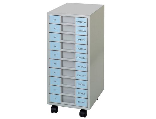 Archivador metalico clen 10 bandejas plastico de 5,5 cm de altura con ruedas color gris claro 680x303x371 mm