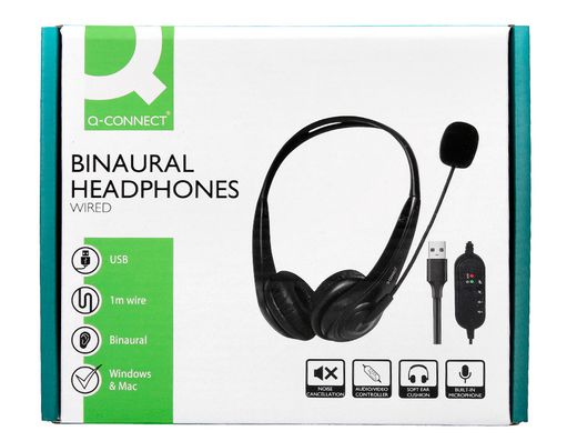 Auricular q-connect biaural diadema con microfono y control de volumen conexion usb color negro
