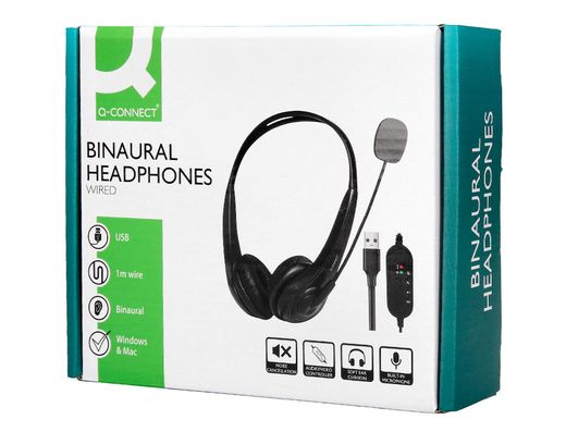 Auricular q-connect biaural diadema con microfono y control de volumen conexion usb color negro
