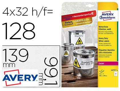 AVERY Caja 8 hojas con etiquetas 99,1X139 mm. blancas en poliéster para impresoras laser L4774-8