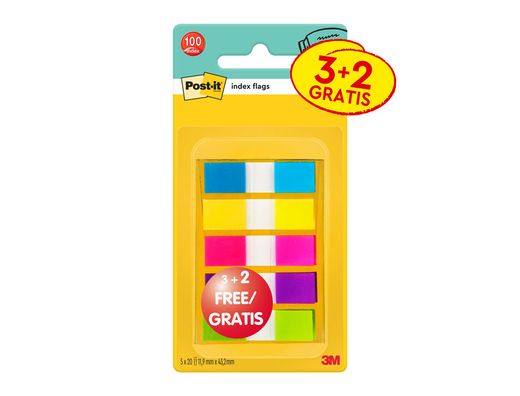 Banderitas separadoras post-it pequeńa 11,9x43,2 mm dispensador 60 hojas+40 hojas gratis 5 colores surtidos