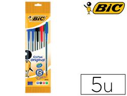 BIC Boligrafo Cristal 5 ud (3 Azules,Negro,Rojo y Verde)