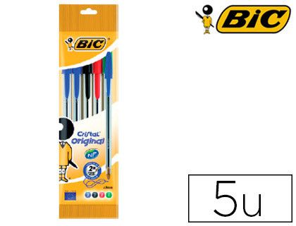 BIC Boligrafo Cristal 5 ud (3 Azules,Negro,Rojo y Verde)
