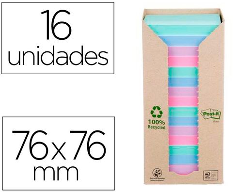 Bloc de notas adhesivas quita y pon post-it 76x76 mm 100% reciclado pefc en torre pack de 16 unidades colores