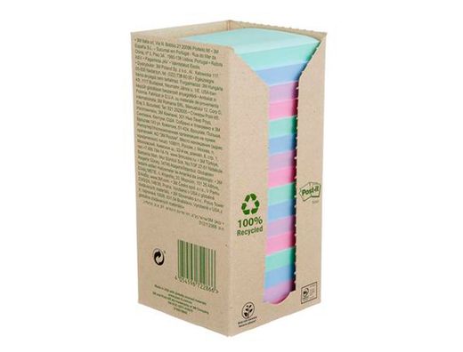 Bloc de notas adhesivas quita y pon post-it 76x76 mm 100% reciclado pefc en torre pack de 16 unidades colores