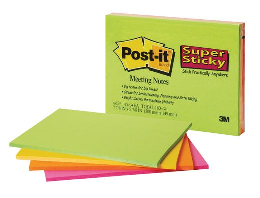 Bloc de Notas Adhesivas Quita y Pon Post-It Super Sticky 149X98 mm con 45 Hojas Pack de 4 Unidades Colores Neon
