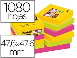 Bloc de Notas Adhesivas Quita y Pon Post-It Super Sticky 47,6X47,6 mm con 90 Hojas Pack de 12 Bloc Colores