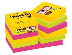 Bloc de Notas Adhesivas Quita y Pon Post-It Super Sticky 47,6X47,6 mm con 90 Hojas Pack de 12 Bloc Colores