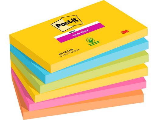 Bloc de notas adhesivas quita y pon post it super sticky carnival 100% pefc 76x127 mm pack de 6 blocs colores