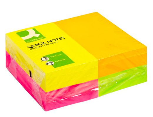 Bloc de Notas Adhesivas Quita y Pon Q-Connect 125X75 mm con 80 Hojas Fluorescentes Pack de 12 -Surtidas en 4 Colores