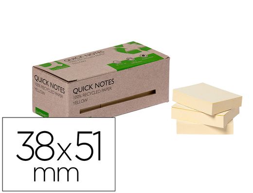 Bloc de notas adhesivas quita y pon q-connect 38x51 mm 100% papel reciclado amarillo en caja de carton