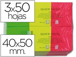 Bloc de Notas Adhesivas Quita y Pon Q-Connect 40X50 mm Neon Pack de 3 Unidades con 50 Hojas Por Color