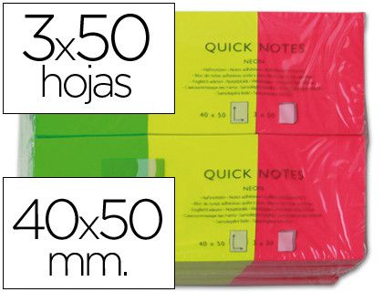 Bloc de Notas Adhesivas Quita y Pon Q-Connect 40X50 mm Neon Pack de 3 Unidades con 50 Hojas Por Color