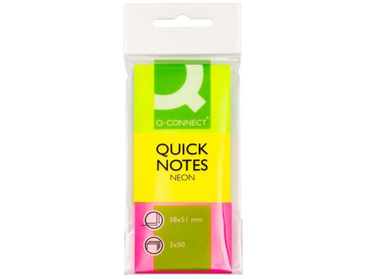 Bloc de Notas Adhesivas Quita y Pon Q-Connect 40X50 mm Neon Pack de 3 Unidades con 50 Hojas Por Color