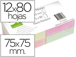 Bloc de Notas Adhesivas Quita y Pon Q-Connect 75X75 mm con 80 Hojas Fluorescentes Pack de 12 Surtidas en 4 Colores