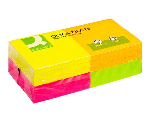 Bloc de Notas Adhesivas Quita y Pon Q-Connect 75X75 mm con 80 Hojas Fluorescentes Pack de 12 Surtidas en 4 Colores