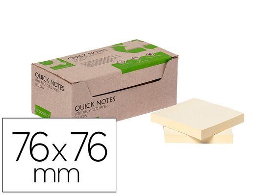 Bloc de notas adhesivas quita y pon q-connect 76x76 mm 100% papel reciclado amarillo en caja de carton