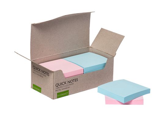 Bloc de notas adhesivas quita y pon q-connect 76x76 mm 100% papel reciclado colores pasteles en caja de carton