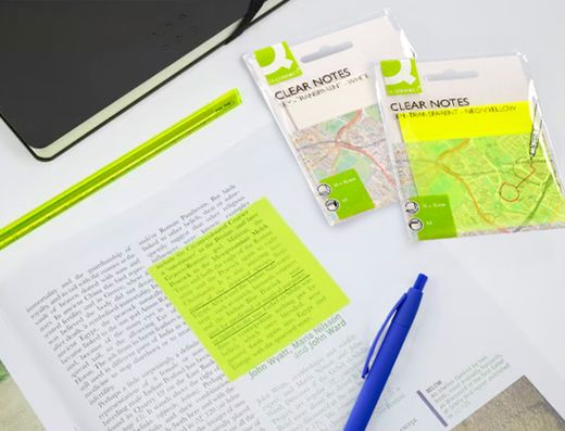 Bloc de notas adhesivas quita y pon q-connect 76x76 mm removible plastico translucido amarillo neon con 50 hojas
