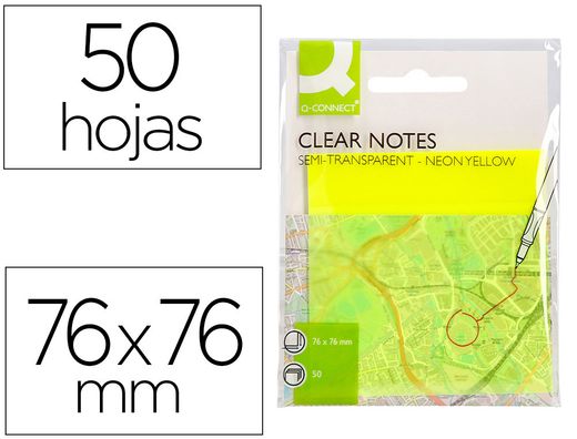 Bloc de notas adhesivas quita y pon q-connect 76x76 mm removible plastico translucido amarillo neon con 50 hojas