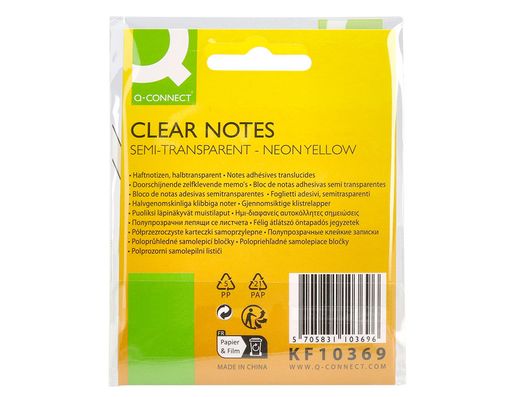 Bloc de notas adhesivas quita y pon q-connect 76x76 mm removible plastico translucido amarillo neon con 50 hojas