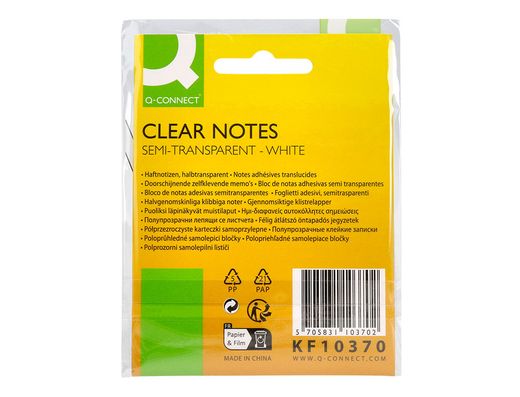 Bloc de notas adhesivas quita y pon q-connect 76x76 mm removible plastico translucido blanco 50 hojas