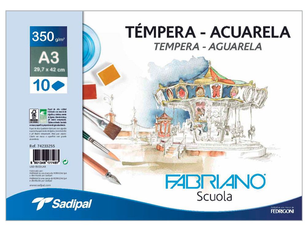 Bloc dibujo acuarela sadipal fabriano encolado DIN A3 10 hojas 350 g/m2 grano suave