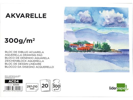 Bloc Dibujo Liderpapel Acuarela Encolado 210X297Mm 20 Hojas 300G/M2 Sin Recuadro