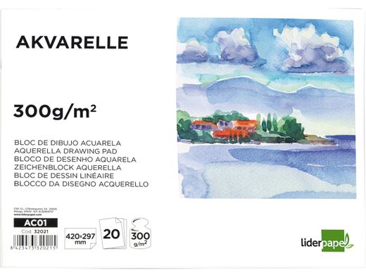Bloc Dibujo Liderpapel Acuarela Encolado 297X420Mm 20 Hojas 300G M2 Sin Recuadro