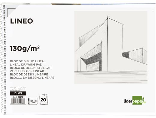 Bloc Dibujo Liderpapel Lineal Espiral 230X325Mm 20 Hojas 130G/M2 con Recuadro 2 Taladros Perforado