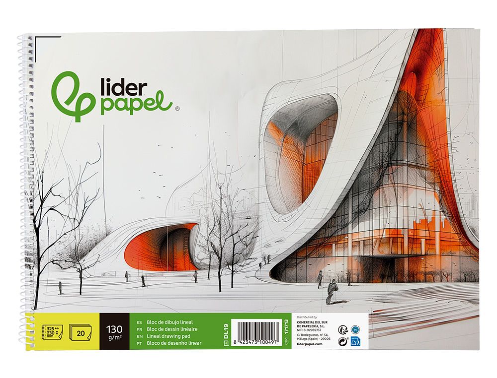 Bloc dibujo liderpapel lineal vanguardia espiral 230x325mm 20 hojas 130g/m2 con recuadro perforado