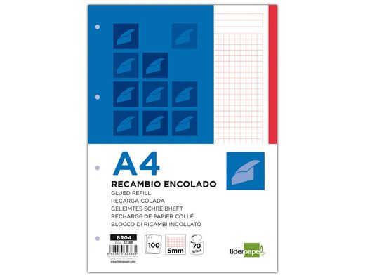 Bloc Encolado Liderpapel Cuadro 5Mm Rojo A4 Apaisado 100 Hojas 70 G/M2