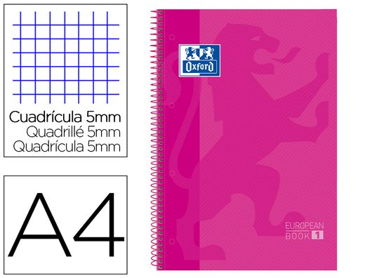 Bloc espiral oxford european book tapa extradura din a4 80 hojas cuadricula 5 mm color rosa