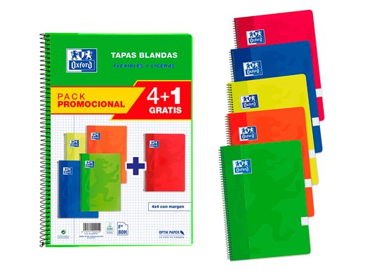 Bloc espiral oxford tapa blanda folio 80 hojas 90gr cuadro 4 mm colores vivos pack de 4+1