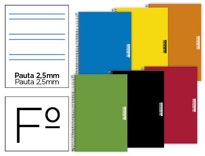 Bloc espiral personalizado tapa extradura folio 80 hojas pauta 5 2,5 mm con margen 70 gr colores surtidos