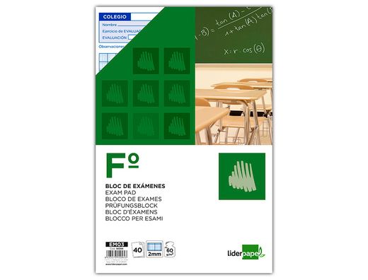 Bloc Examenes Liderpapel Cuadro 2Mm Folio 40 Hojas 60G/M2