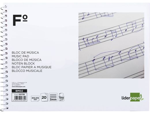 Bloc Musica Liderpapel Pentagrama 3Mm Folio Apaisado 20 Hojas 100G/M2